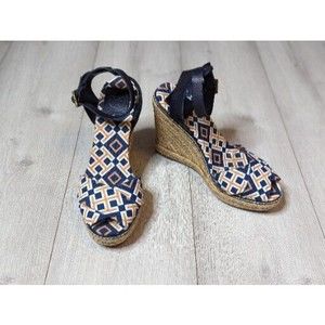 TORY BURCH Orange Blue Canvas Leather Espadrille Criss Cross Strappy Wedge Heels